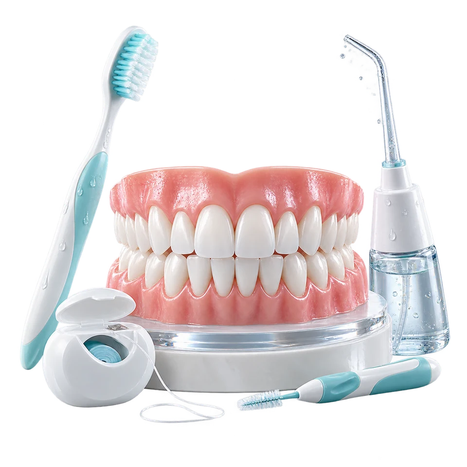 Minh họa dụng cụ chăm sóc phục hình răng sứ hằng ngày