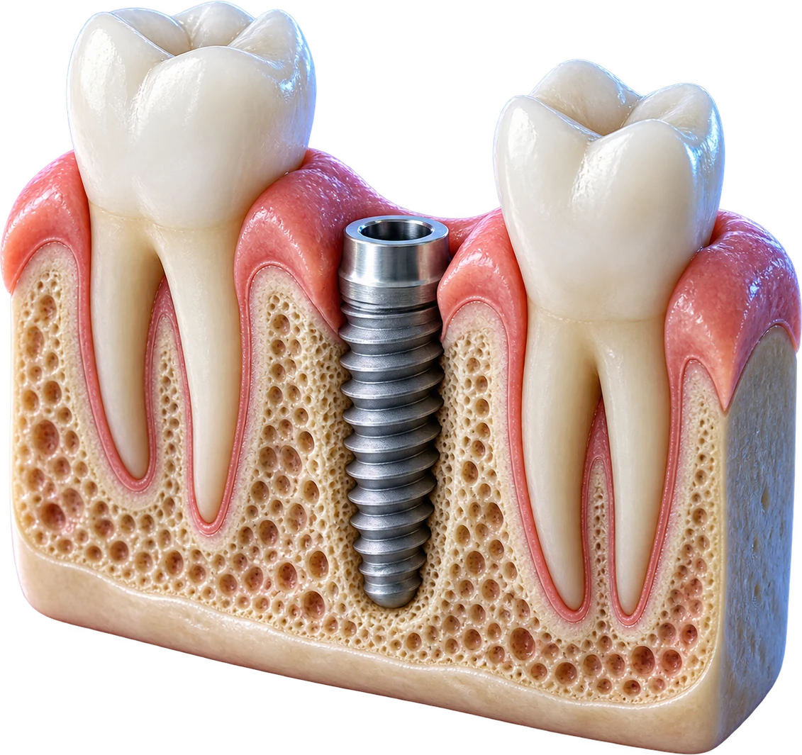 Minh họa trụ Implant thay thế chân răng đã mất trong xương hàm