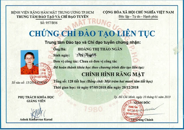 Bằng cấp, chứng chỉ 7 của Bác sĩ Hoàng Thị Thảo Ngân
