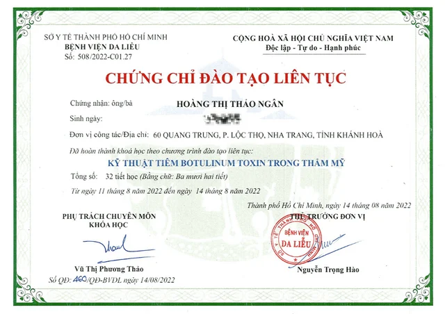 Bằng cấp, chứng chỉ 3 của Bác sĩ Hoàng Thị Thảo Ngân