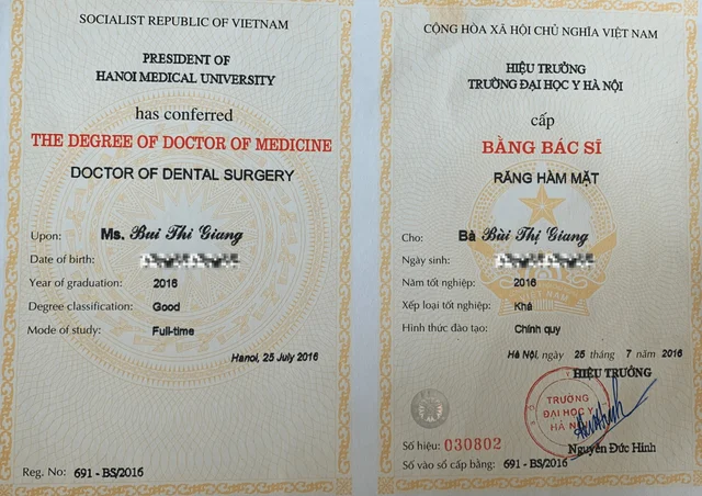 Bằng cấp bác sĩ Giang của Bác sĩ Bùi Thị Giang