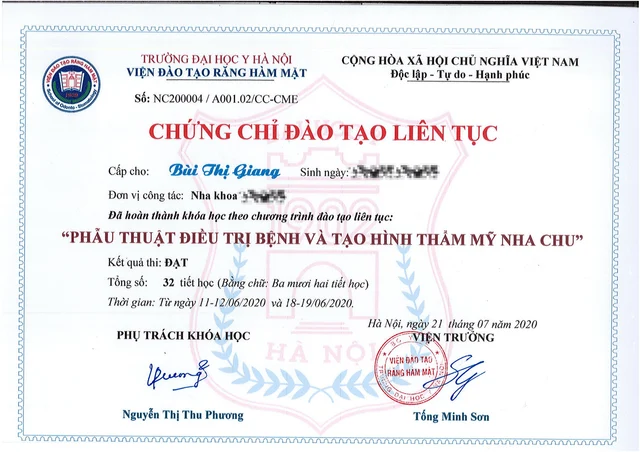 Bằng cấp bác sĩ Giang của Bác sĩ Bùi Thị Giang