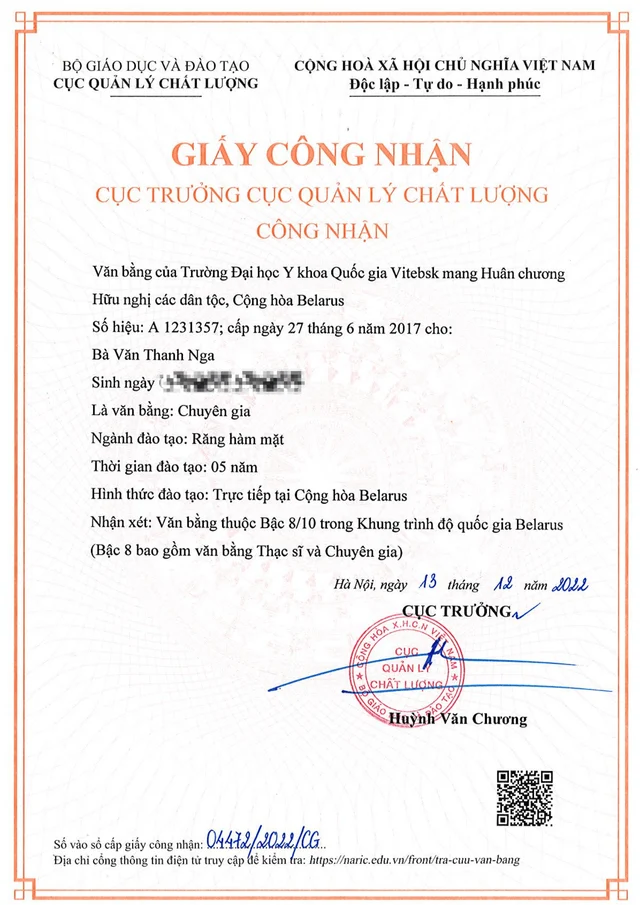 bằng cấp bác sĩ nga của Bác sĩ Văn Thanh Nga