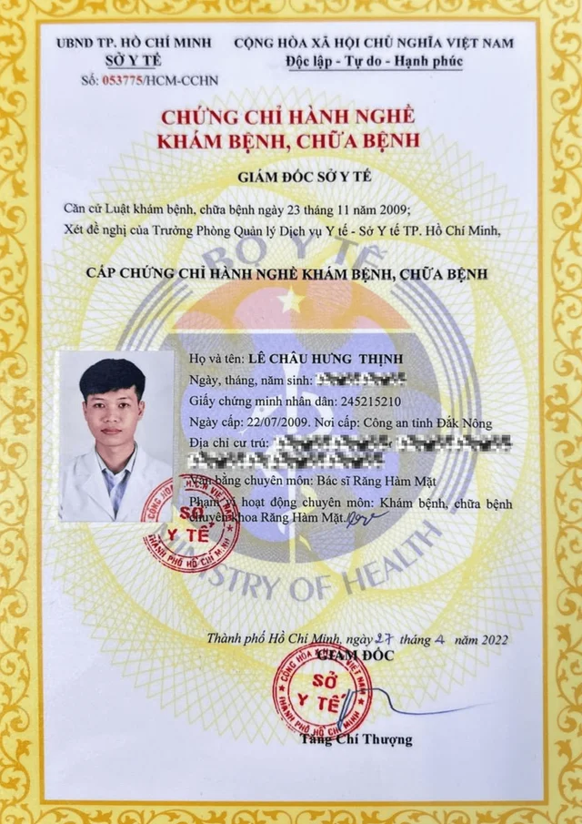 Bằng cấp bác sĩ Thịnh của Bác sĩ Lê Châu Hưng Thịnh